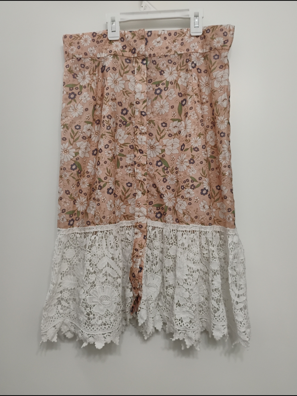 Miguelina Blush Floral Midi Skirt with White Lace Hem